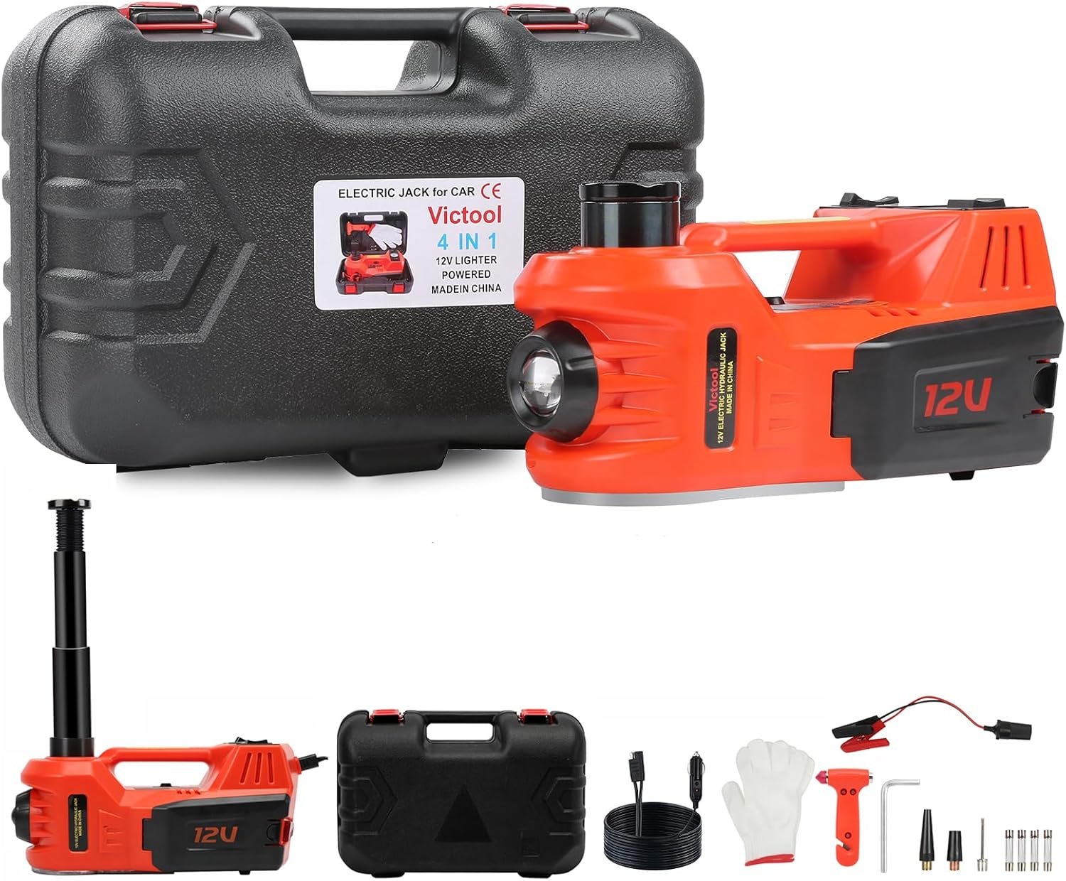 Gato hidráulico eléctrico portátil Victool 5T 12V (15–45 cm) con luz LED