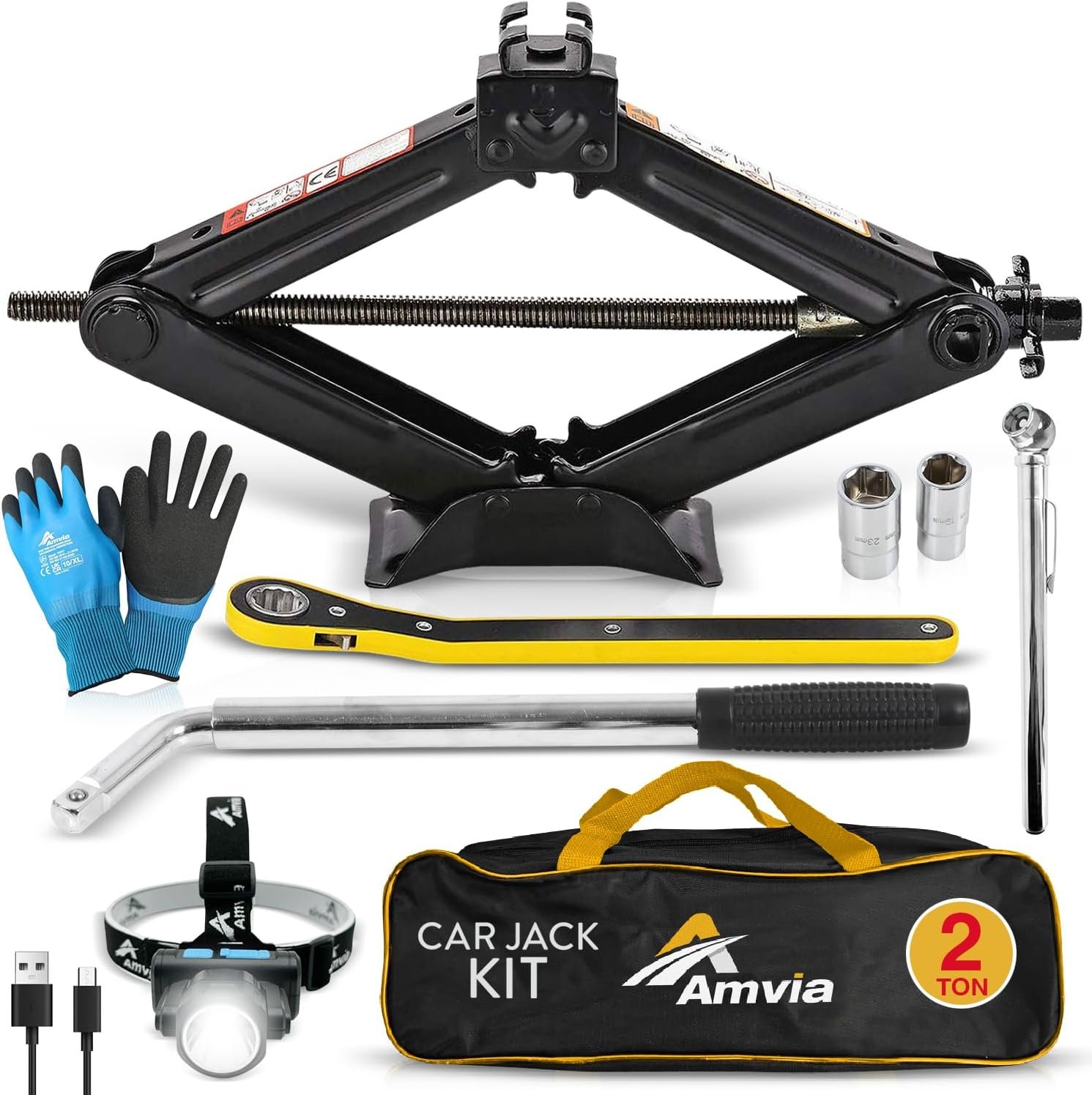 AMVIA gato de tijera para carro 2 T (10,5–44 cm) kit de emergencia