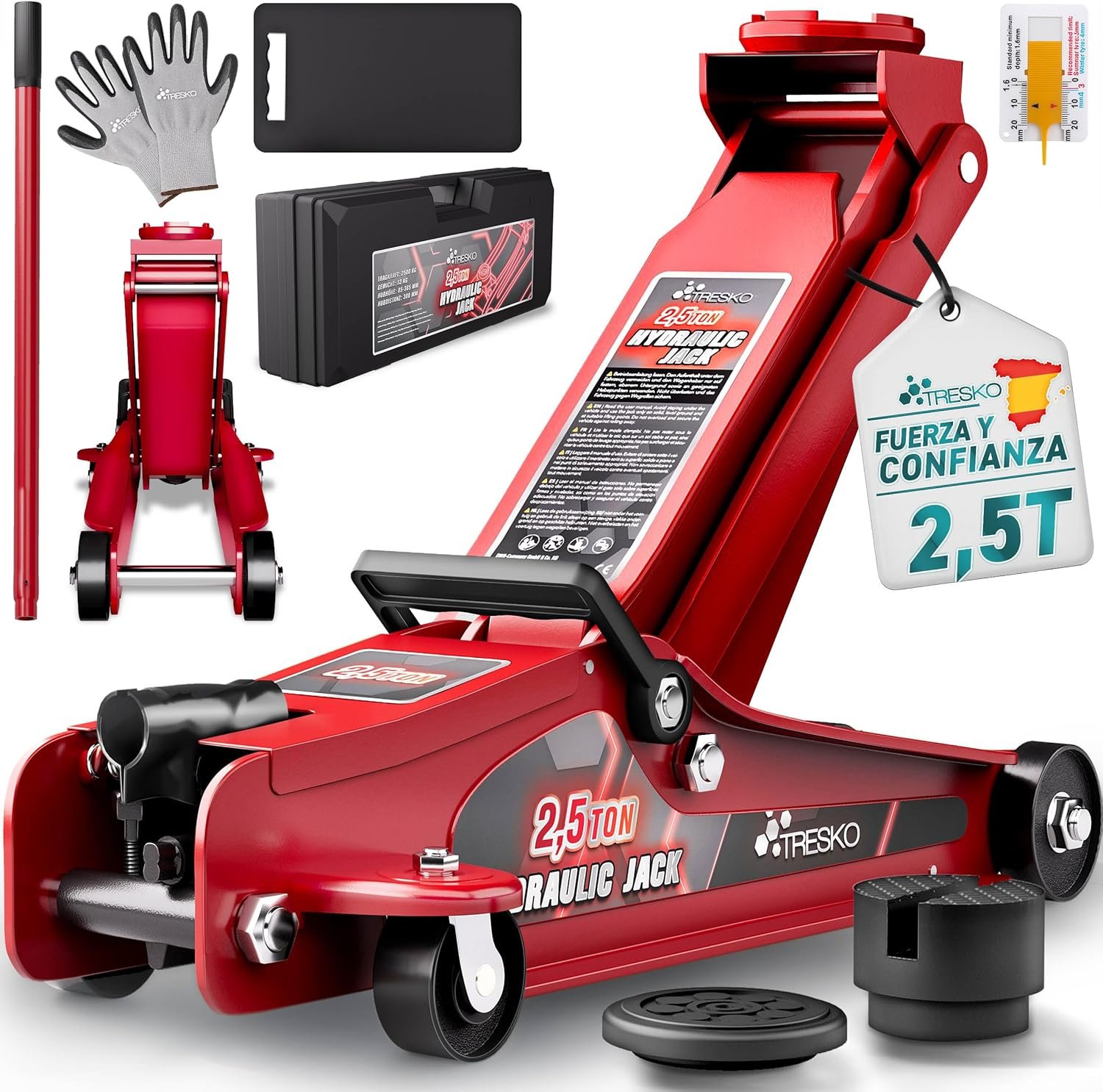 TRESKO gato hidráulico portátil 2,5T perfil bajo (8,5–38,5 cm) con maletín