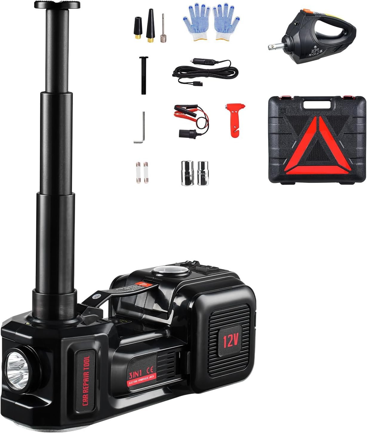 VEVOR gato de tijera eléctrico portátil 5T 12V con inflador y llave (15,5–53,1 cm)