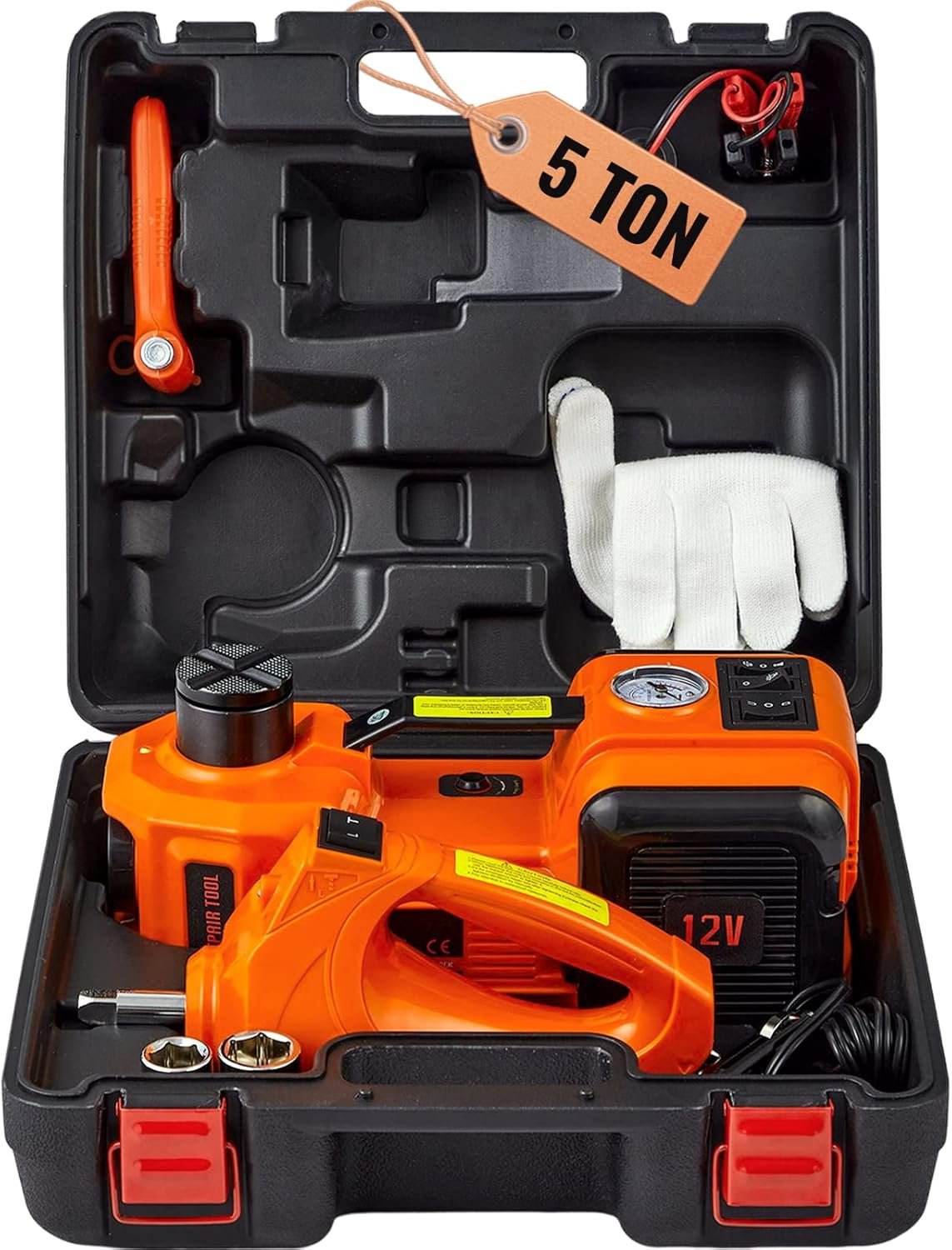 VEVOR gato hidráulico eléctrico 5T 12V (15,5–45 cm) con inflador y llave