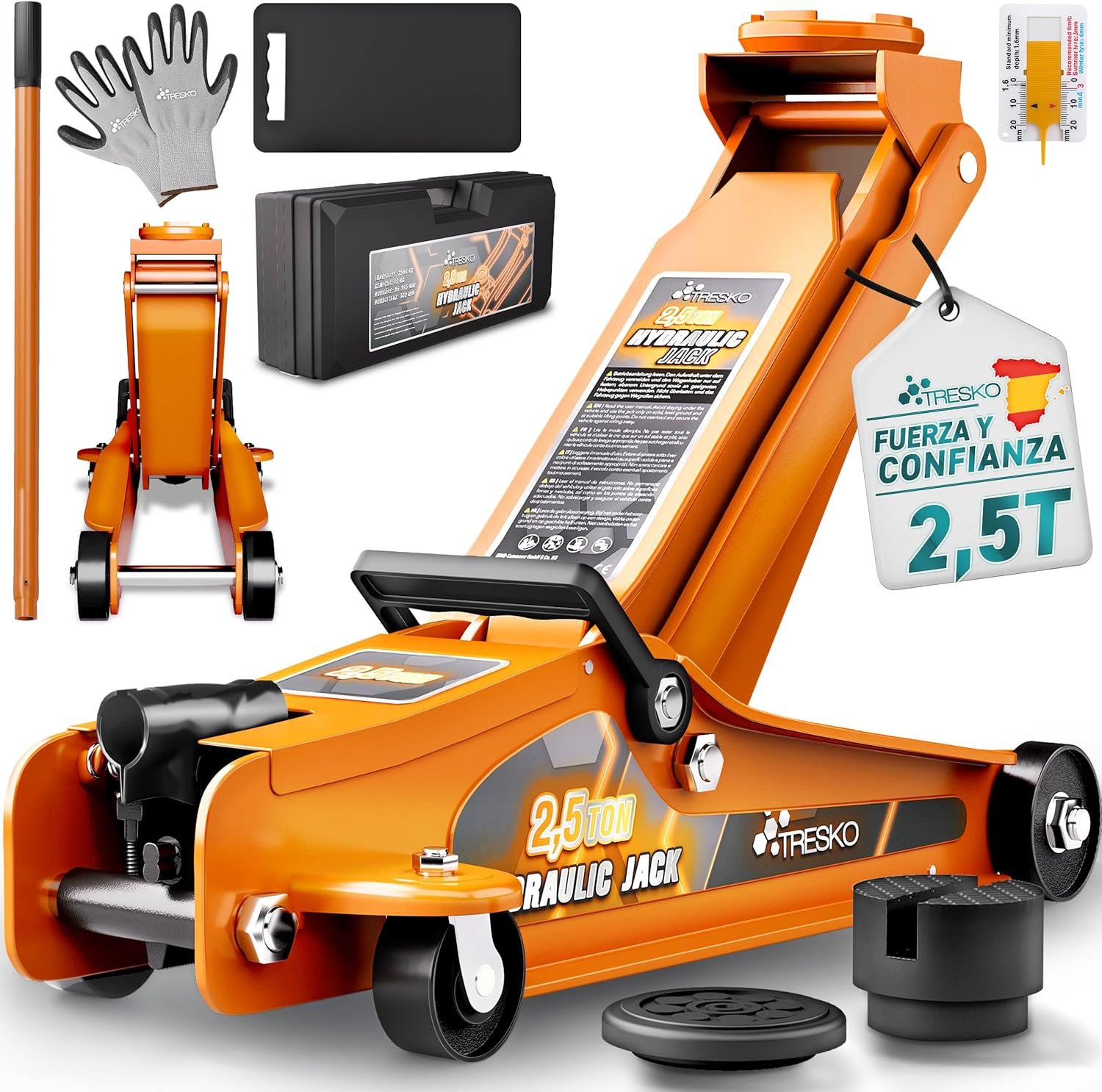 TRESKO gato hidráulico 2.5T 85-385mm con maleta y accesorios