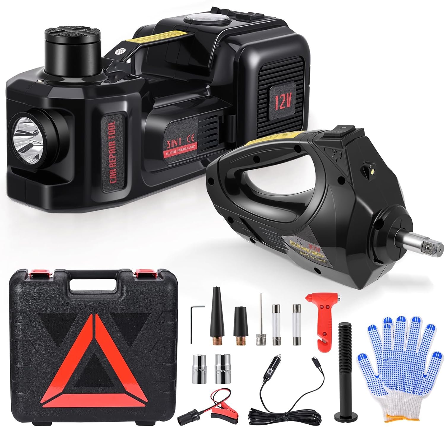 Gato eléctrico portátil Jradse 5T con compresor 12V (13,5–53 cm)